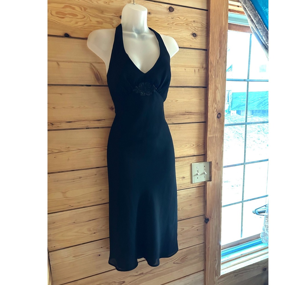 Vintage 90s Black Halter Midi Dress Sheer Overlay Beaded Detail Size 6 Friends - Picture 3 of 12